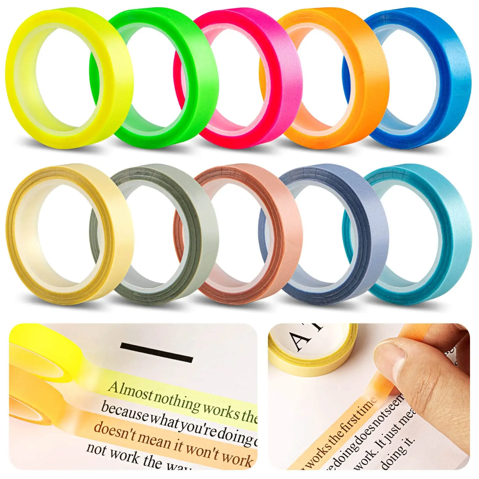 Index Tab Divider - 5 rouleaux de marque-pages fluorescents transparents,
